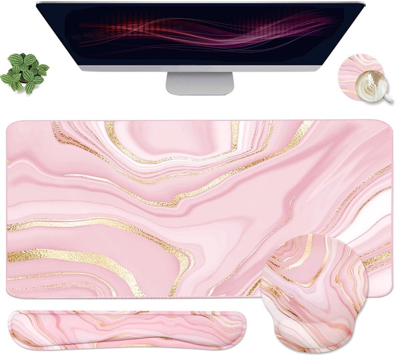 Yunoble 4-in-1 Gaming Mouse Pad Wrist Support Set，Desk Pad + Mouse Pad with Wrist Rest + Keyboard Wrist Rest + Coaster, Ergonomic Design for Home Office Study Game - Pink Fluid - Image 1